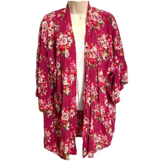Swim Cover up KIMONO Duster Floral Wide Sleeves Mini One Size Fits Most - Picture 2 of 9
